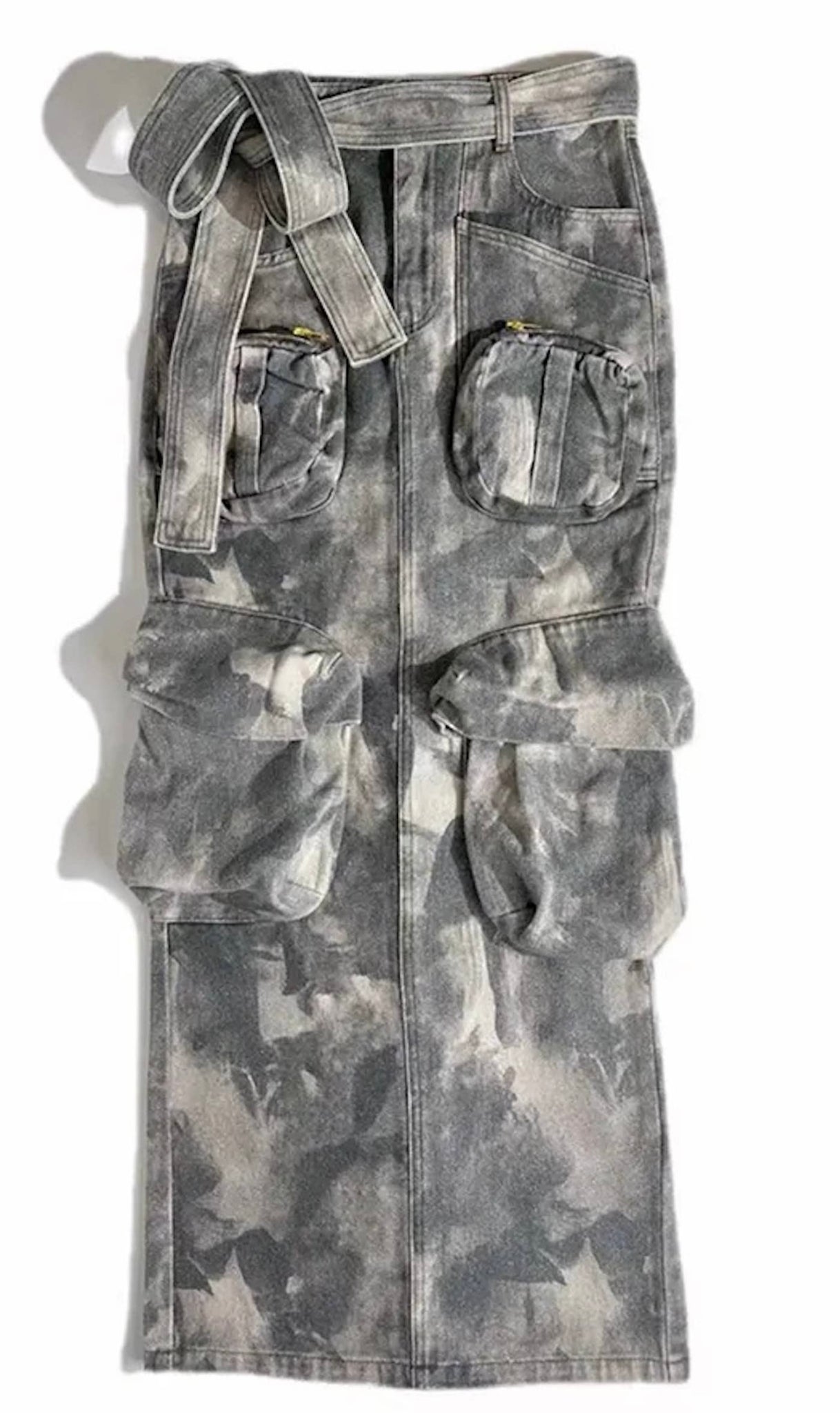 Washed Camo Print Denim Maxi Skirt