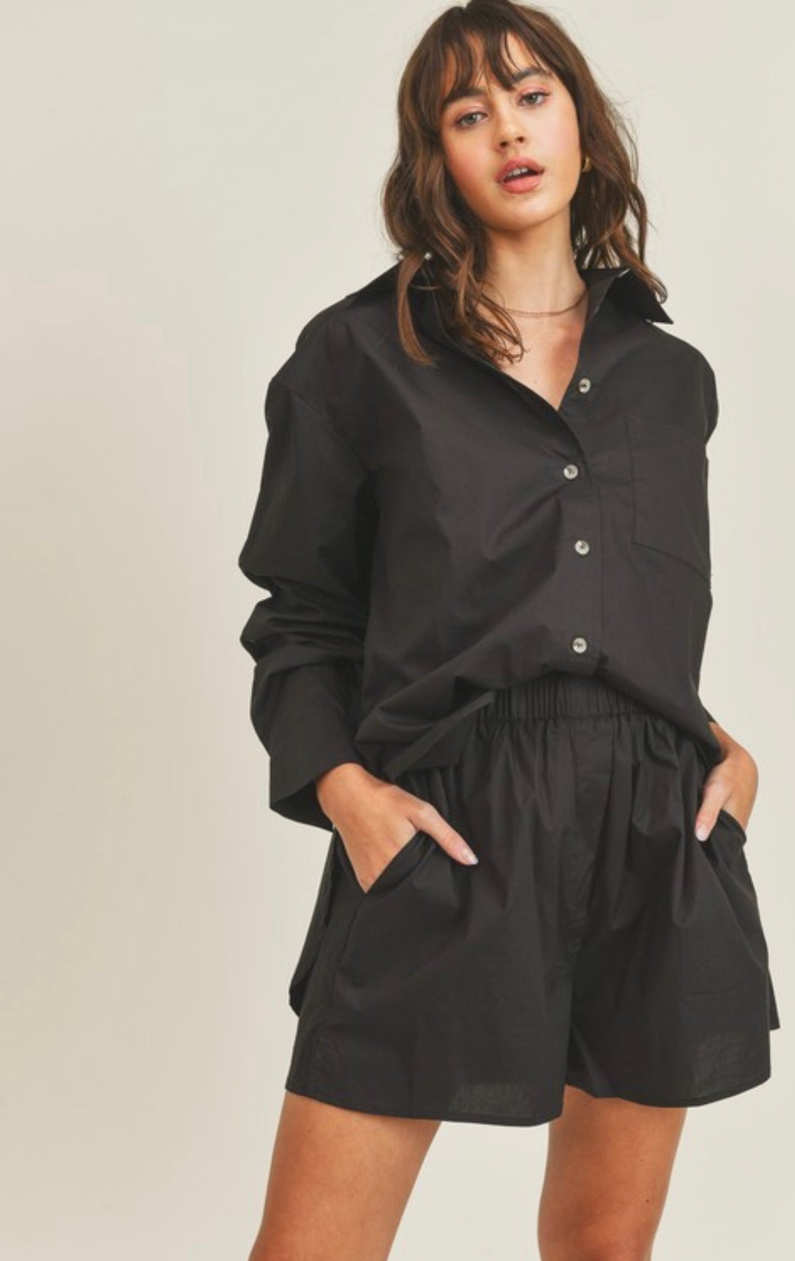 Poplin Button Down Shirt Shorts Set